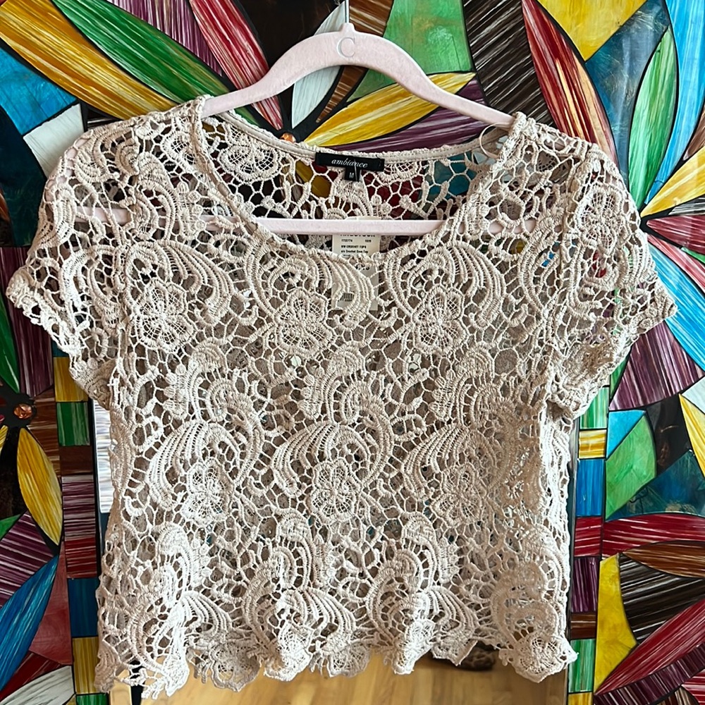 Open knit tan crop tee✨